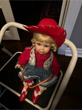 Red Cowgirl Doll with Blonde Hair and Blue Eyes Hamilton collection.
